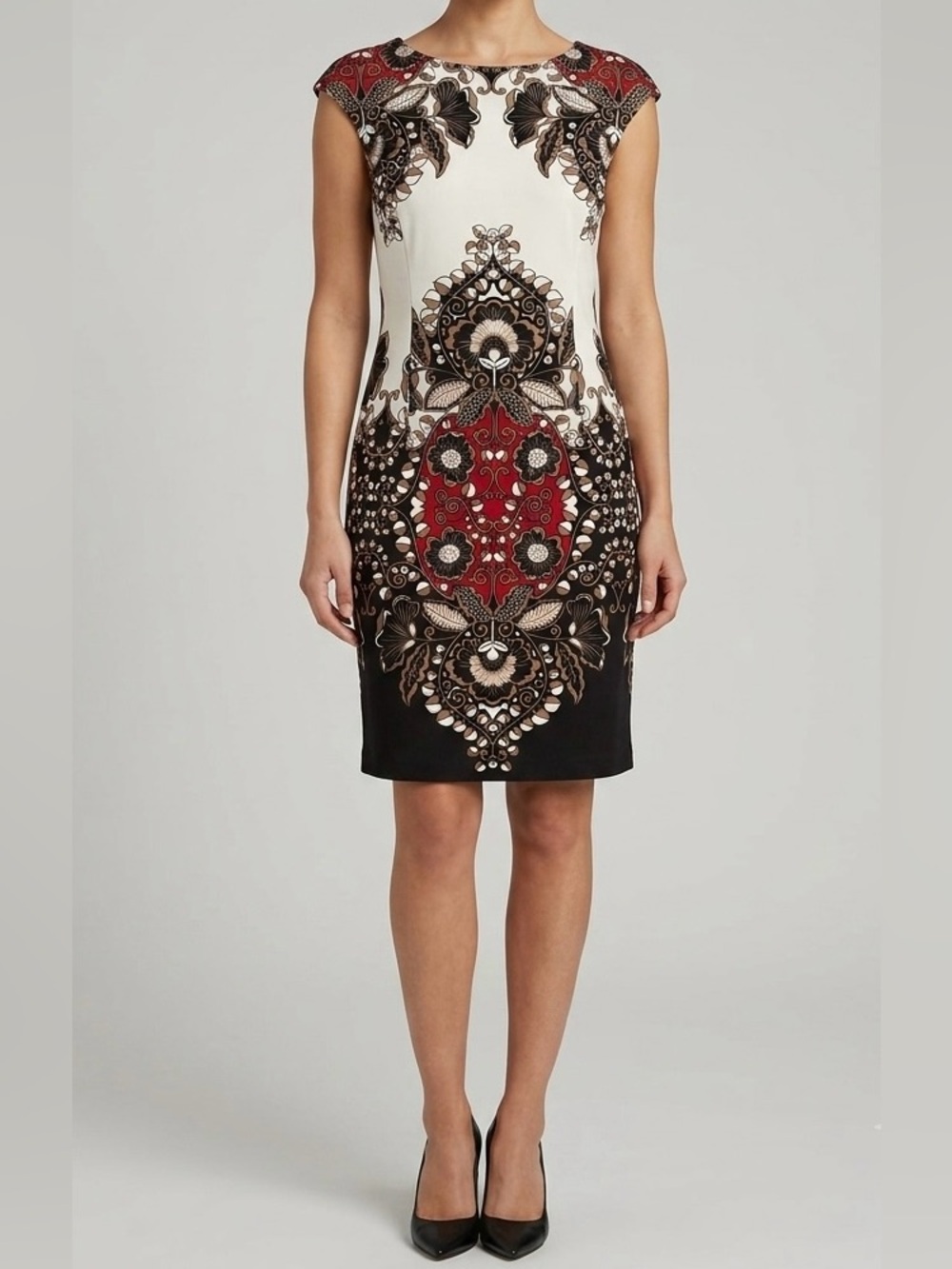 London Times Geometric 14 Printed Cap-Sleeve Sheath Dress in Black, Cream & Red